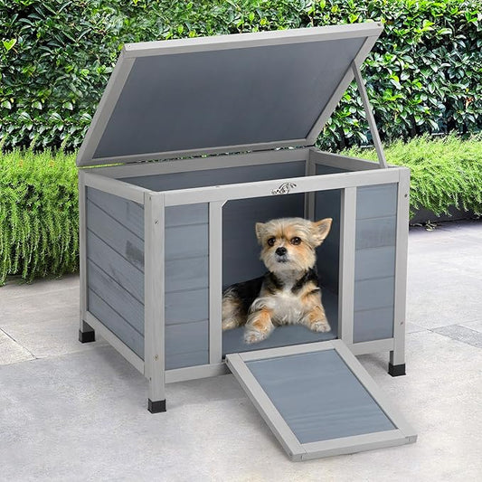 COZIWOW 24in Wooden Cat House Outdoor & Indoor Pet Shelter with Foldable Ramp - Weatherproof Rabbit Hutch with Unique Machine-Printed Art Designs for Cat, Rabbit, Guinea Pig (Grey)