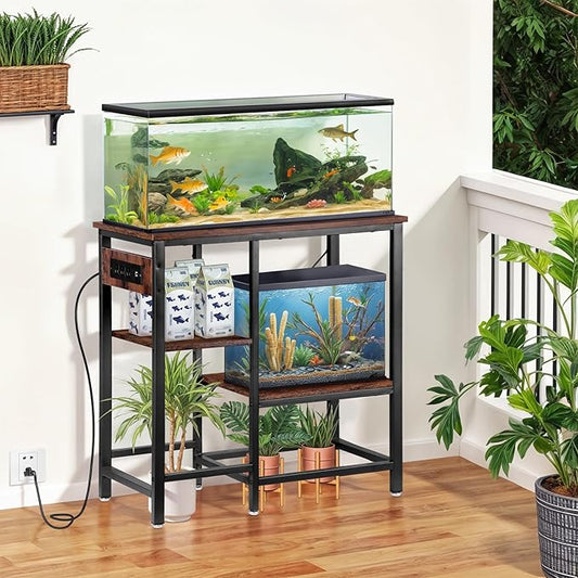 20-29-37 Gallon Fish Tank Stand with Power Outlet, Metal Aquarium Stand with Adjustable Shelves, 6-Leg Heavy Duty Reptile Storage Rack for Living Room, Office, Rustic Brown, 400LBS Capacity
