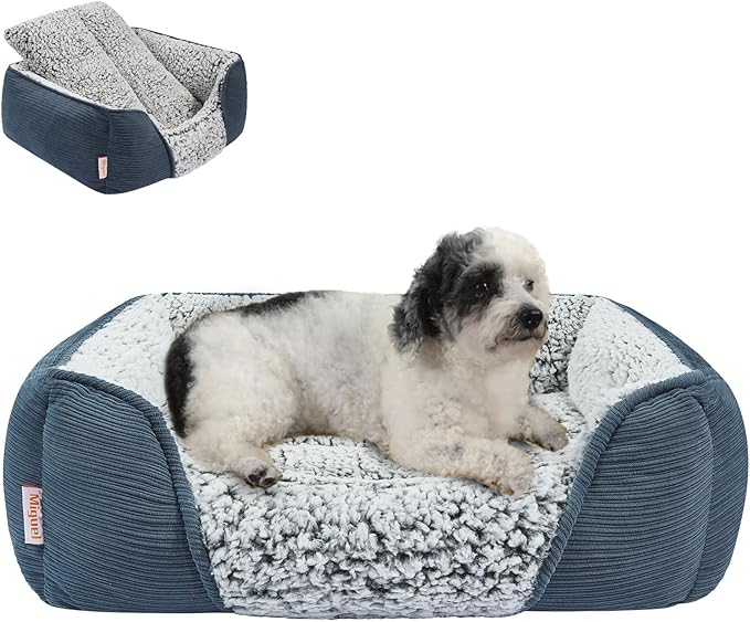 Miguel Washable Dog Bed With Removable Cushion for Medium Small Dogs, Easy to Wash Pet Sofa With Side, Rectangle Bolster Cat Calming Cuddle Puppy Bed With Anti-Slip Bottom, Blue 25 Inch