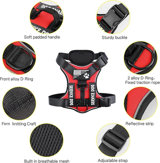Demigreat Service Dog Harness, Reflective Dog Vest Harness with 5 PCS Patches, Adjustable Soft Oxford Pet Harness, Inner Layer Mesh, Easy to Control for Dogs