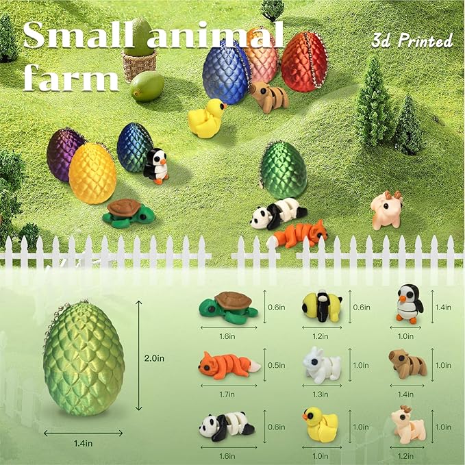 Mini 3D Printed Dragon Egg and 3D Printed Animals，Resin Figurines，Animal Miniature Figurines，Mini Egg Fillers，Teen Carnival Prizes (9pcs Set)