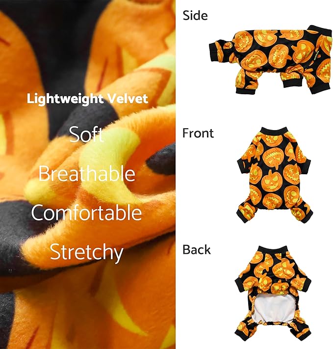 Fitwarm Halloween Pumpkin Dog Pajamas, Funny Dog Winter Clothes for Small Dogs Girl Boy, Pet Jumpsuit, Cat Halloween Costumes with Feet, Lightweight Velvet, Black, Orange, XS