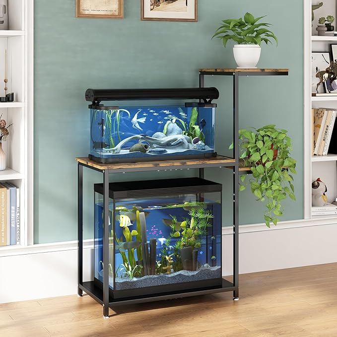 GILLAS 5-10 Gallon Fish Tank Stand, Metal Double Aquarium Stand with Shelf for Fish Tank Accessories Storage, 24.4" x 14" Tabletop Fits Aquarium,Turtle Tank or Reptile Terrariums