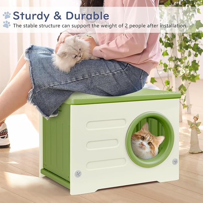 Plastic Cat House for Outdoor Indoor Use, Stackable Feral Cat Shelter Indoor Cat House Weatherproof Waterproof Elevated, with 2-Sided Cushion (Green)