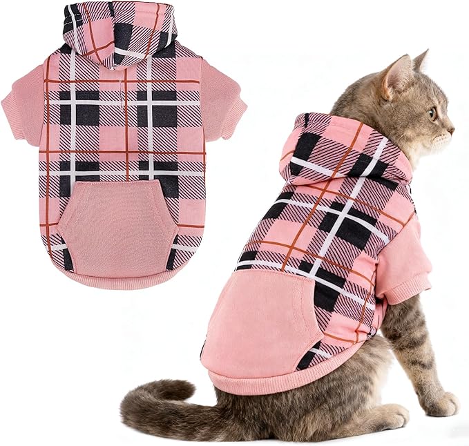 EXPAWLORER Plaid Cat Hoodie - British Style Warm Cat Sweater Shirt with Leash Hole,Pet Clothes Outfits,Winter Coat Apparel for Puppy Cats Girl Boy-Kitten Apparel,Pink L