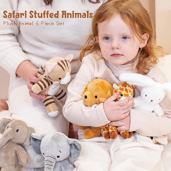 6 Pcs Stuffed Animals Bulk, 8 Inch Jungle Animals Stuffed Toys, Zoo Stuffed Animals Set, Small Stuffed Safari Animals, Cat Dog Elephants Giraffe Bunny for Party Animal Themed