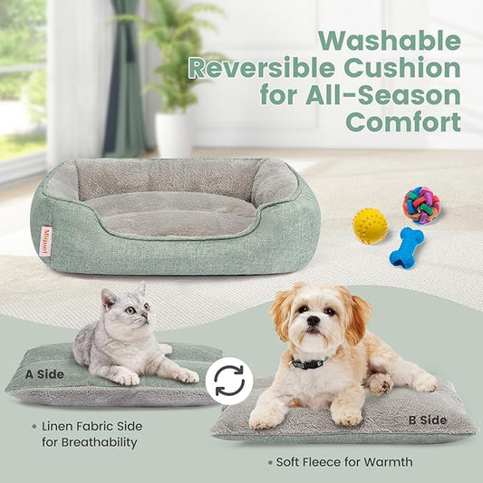 Miguel Faux Linen Dog Bed with Removable Cushion Pillow for Medium Small Dogs, Washable Pet Bed with Side Easy to Wash Puppy Bed, Rectangle Cat Bed for Indoor Cat with Anti-Slip Bottom, Green 30 Inch