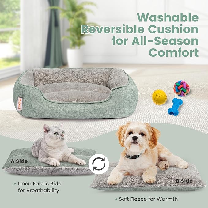 Miguel Washable Faux Linen Cat Beds for Indoor Cats with Removable Cushion Pillow, Easy to Wash Small Dog Bed with Side, Rectangle Kitten Bed Cuddle Puppy Bed with Anti-Slip Bottom, Green 20 Inch
