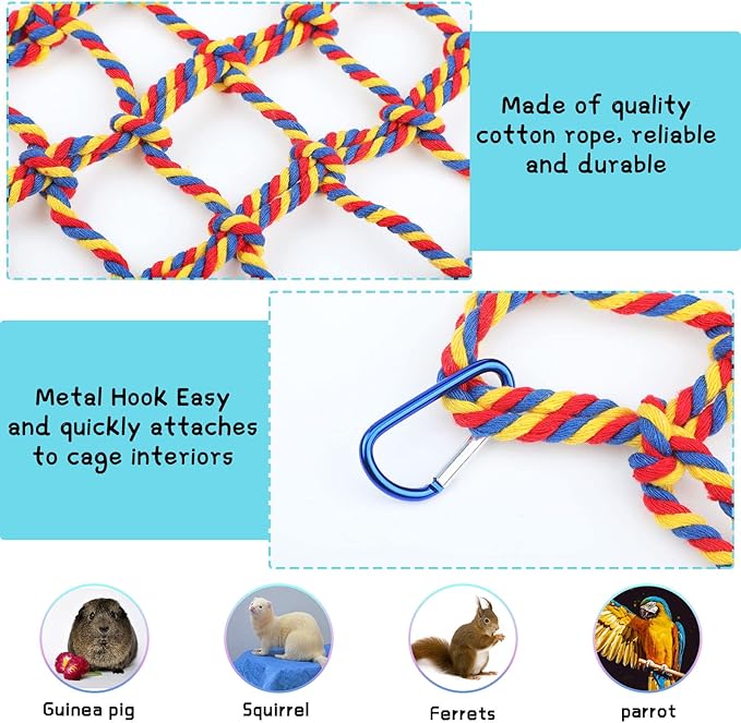 2 Pieces Rat Cage Accessories Rat Toys Climbing Bird Rope Net Pet Hanging Hammock for Hamster, Mice, Parrot, Bird, Sugar Glider Habitat Decor and Play(11 x 7.8 Inch,Red, Yellow)