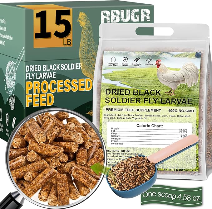 Chicken Feed, 15lb Dried Black Soldier Fly Larvae Pellets for Chickens, Processed Chicken Food for Laying Hens, Chickens Layer Feed, Organic Bird Food with More Protein&Calcium Than Mealworms