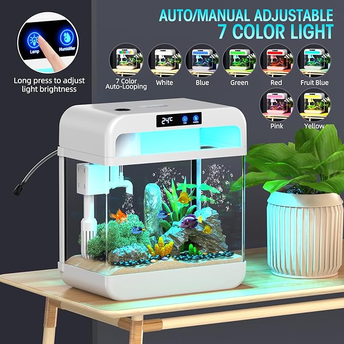 Fish Tank 2.2 Gallon Aquarium Tank Kit,with 3 Color Auto-Looping Light,Fish Bowl with Humidifier Pump,Fish Tank Small Aquarium,Temperature Display, Humidifier Function for Aquariums Starter Kits