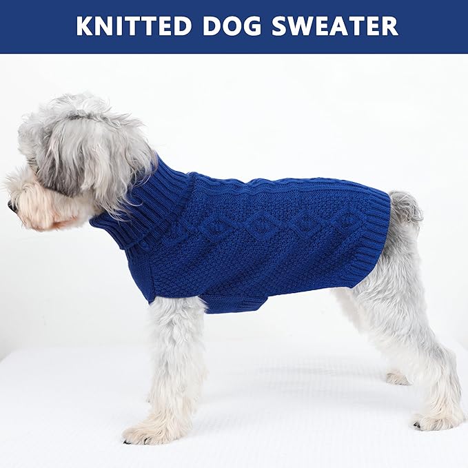 Dog Sweaters for Small Dogs Winter Dog Clothes Turtleneck Knit Puppy Sweater Warm Chihuahua Clothes Cat Sweater Frenchie Doggy Pullover Outfit with Twisted Design(Navy Blue, Small)