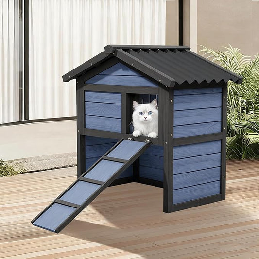 2 Story Wooden Outdoor Cat House Weatherproof with Escape Doors, Openable Roof, Feral Cat Shelter, Suitable for Small Animal