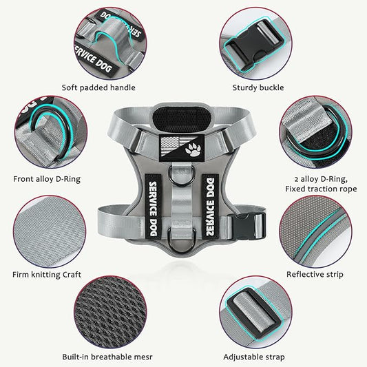 Demigreat Service Dog Harness, Reflective Dog Vest Harness with 5 PCS Patches, Adjustable Soft Oxford Pet Harness, Inner Layer Mesh, Easy to Control for Small Medium Large Dogs