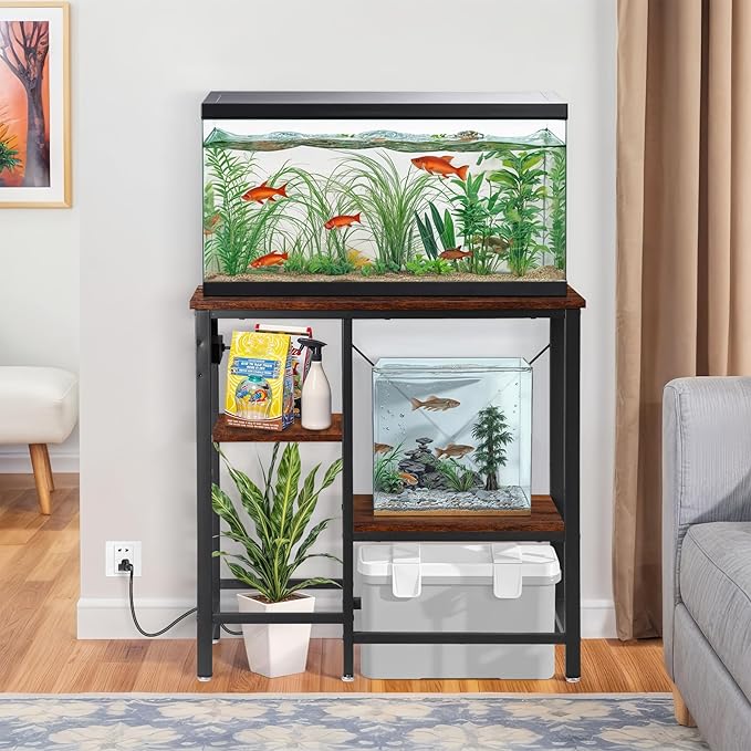 20-29-37 Gallon Fish Tank Stand with Power Outlet, Metal Aquarium Stand with Adjustable Shelves, 6-Leg Heavy Duty Reptile Storage Rack for Living Room, Office, Rustic Brown, 400LBS Capacity