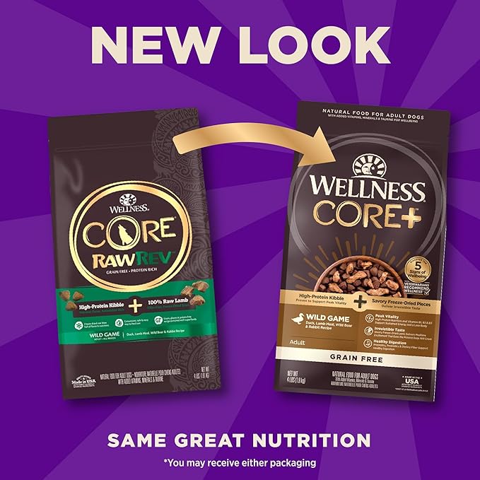 Wellness CORE+ (Formerly RawRev) Natural Grain Free Dry Dog Food, Wild Game Duck, Wild Boar & Rabbit with Freeze Dried Lamb, 4-Pound Bag