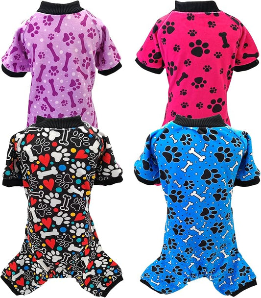 PET SHOW 4 Pack Small Dog Pajamas Paw Bone Patterns Cute Clothes for Medium Dogs Soft Fleece Stretchy PJs 4 Legged Jumpsuit Puppy Cats Onesies Outfits with Sleeve Dachshund Doggies Girl Boy (X-Large)