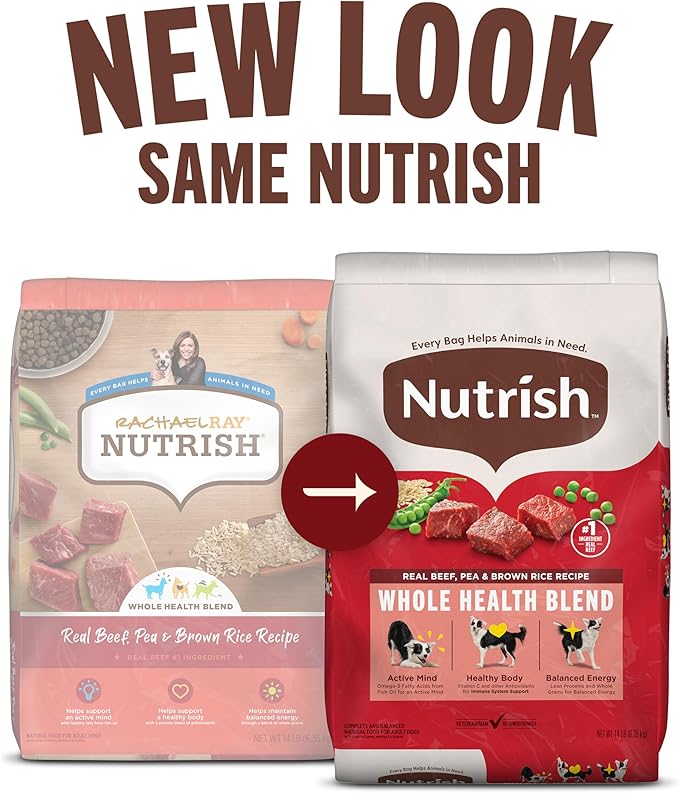 Nutrish Dry Dog Food, Real Beef, Pea & Brown Rice Recipe Whole Health Blend for Adult Dogs, 40 lb. Bag, Packaging May Vary (Rachael Ray)