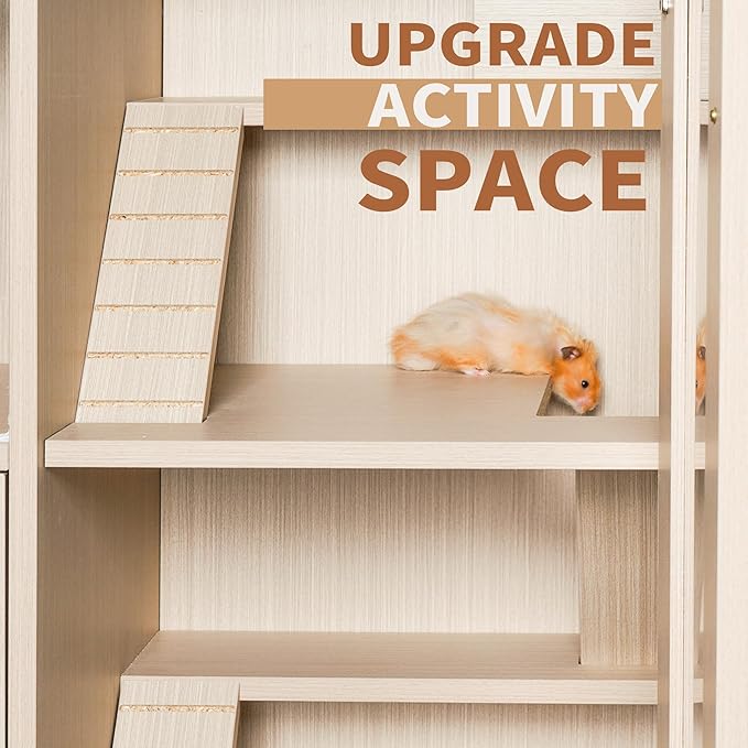 Guinea Pig Cages with Storage Cabinet, Wood Large Hamster Habitat,Hedgehog Cage with Acrylic Sheets and Openable Top,Small Animal Cage for Hedgehog Mouse Gerbil (Wood, 33.5 inch)