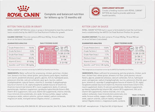 Royal Canin Feline Health Nutrition Kitten Thin Slices in Gravy and Loaf in Sauce Variety Pack Cat Food, 3 oz (Pack of 12)