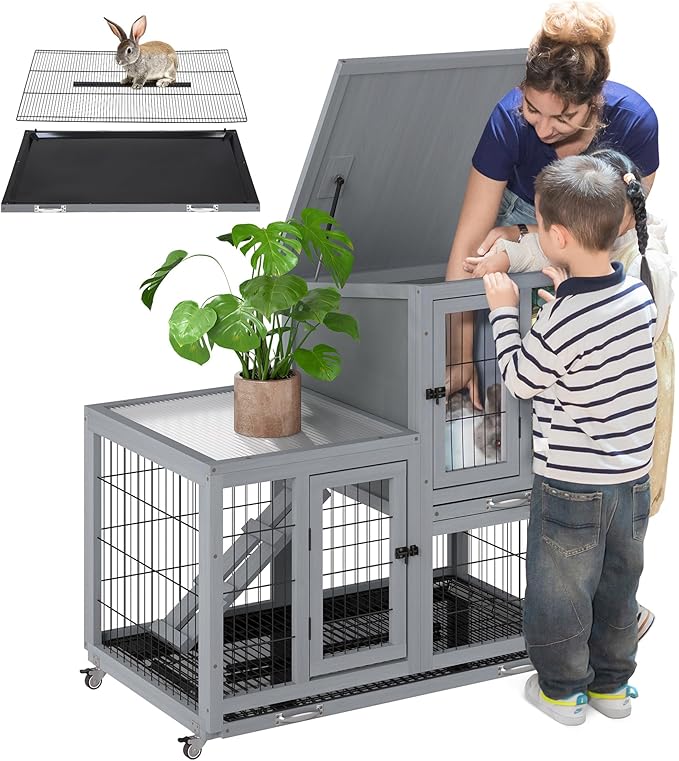 COZIWOW Rabbit Hutch Indoor with Wire Bottom, 2-Level Large Wooden Bunny Cage on Wheels Outdoor for Multiple Small Animals, Grey + Colorful Patterns