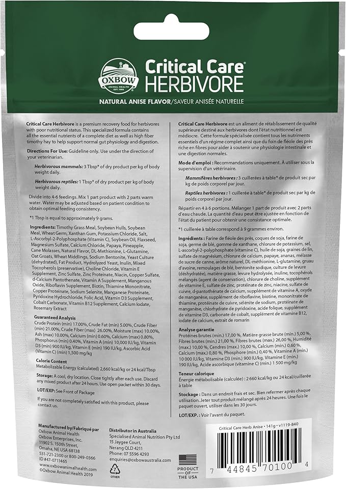 Oxbow Critical Care Herbivore, Emergency Guinea Pig Food, Rabbit Food for Recovery, Natural Anise Flavor, Veterinary Formula, Critical Care for Guinea Pig Emergency Kit, 141 gram bag