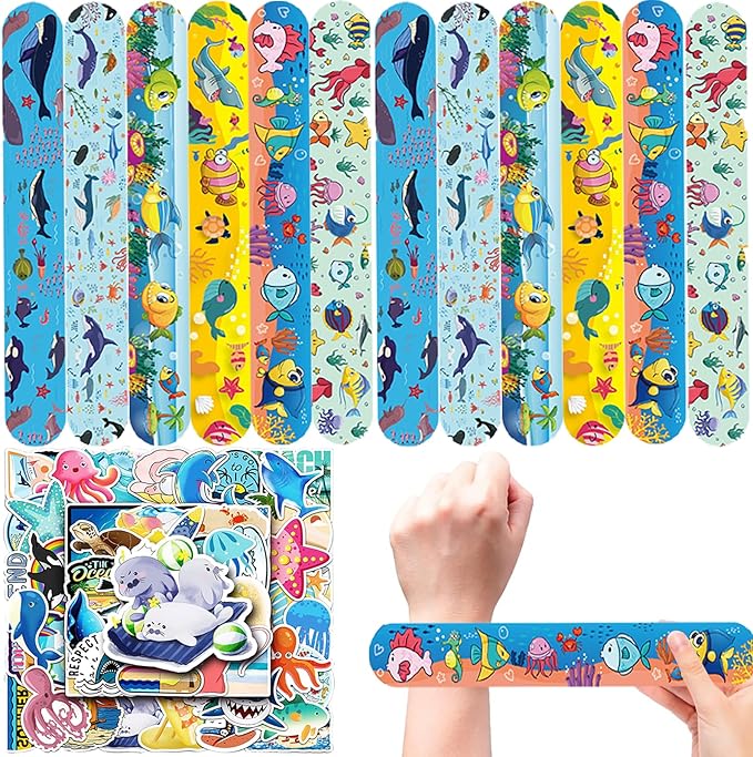 74PCS Ocean Sea Animals Party Favor 50PCS Snap Party Stickers&24PCS Slap Bracelets Under the Sea Animals Birthday Supplies Team Gift Fillers School Rewards Supplies