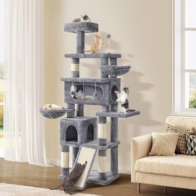 Cat Tree for Indoor Cats Large Adult, 76'' Tall Cat Tower with Scratching Post, Multi-Level Plush Cat Condo for Adult Cats, Cat Tree Tower with Hanging Balls/Wide Base/Cozy Basket and Hammock