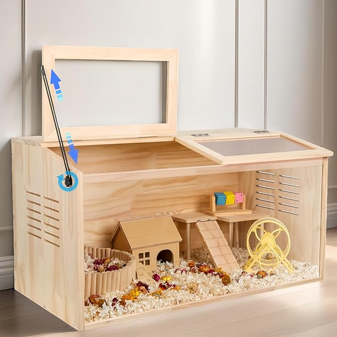 Wooden Hamster Cage,32" Lx16 Wx16 H,Animal Cabinet for Dwarf Syrian Hamsters Degus, Hamster Habitat with Openable Top and Large Acrylic Sheets, Natural Wooden Hamster Habitat.