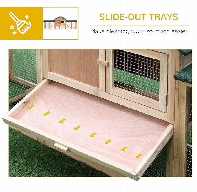 PawHut 83" L Outdoor Rabbit Hutch with Double Runs, Large Guinea Pig Cage Indoor, Wooden Bunny Hutch with Weatherproof Roof, Removable Tray, Ramps, for Rabbits, Chickens, Ducks, Natural