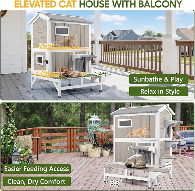 Outdoor Cat House Weatherproof with Balcony Outside Wooden Feral Cat Shelter with 3 Jumping Platforms and Openable Asphalt Roof for Cats and Small Animals