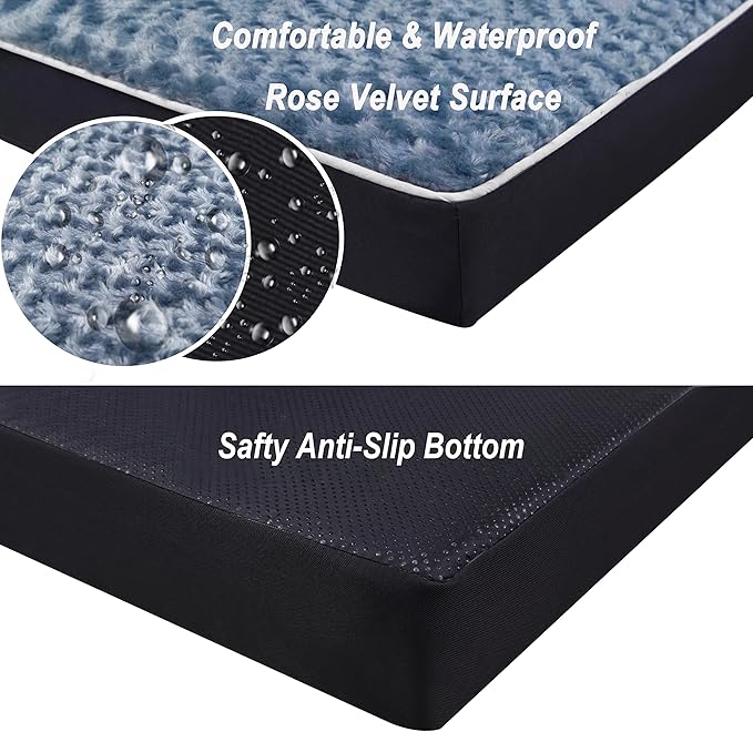 Dog Bed Mats for Large Big Dog - Orthopedic Dog Pet Durable Crate Bed Mattress of Thick Egg Foam Crate, Rose Plush Washable Cover, Waterproof Lining and Non-Slip Bottom(L(36''x27''x3''), Grey Side)