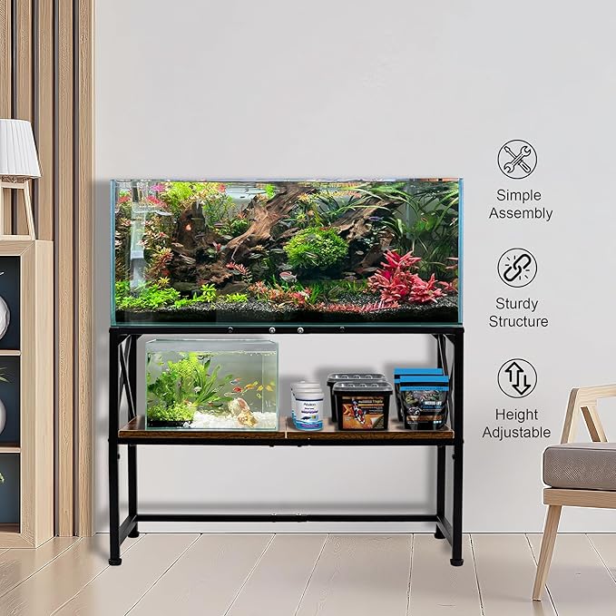 30 Gallon Fish Tank Stand, Aquarium Stand with 2-Tier Storage Shelves, Rustic Brown Metal Frame Turtle Tank,Adjustable Height Design (30 Gallon)