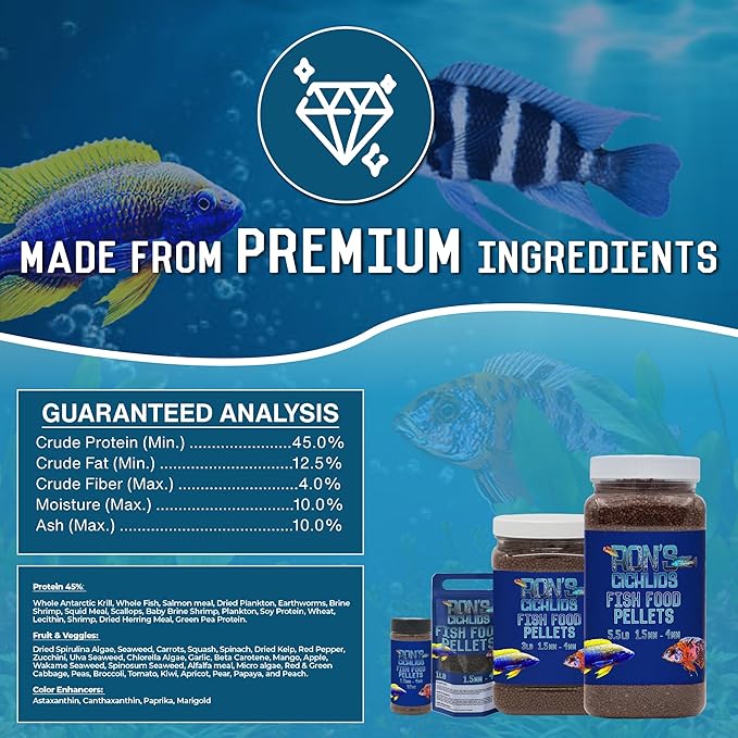 RON'S CICHLIDS Fish Food Pellets - USA Made Slow Sinking Pellets & Sticks Feed, Low Fillers, Koi, Pond, Goldfish, Tetras, Pleco, Oscar, Angelfish & Tropical Aquarium Fish, 1.5-4mm, Adult Blend 12 OZ
