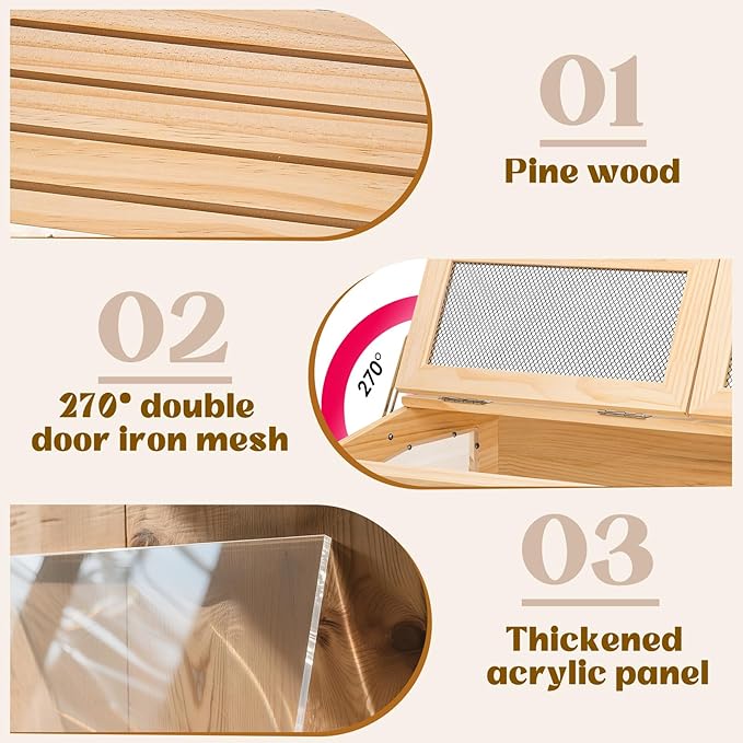 Hamster Cage 32" Wooden Chewproof, 270° View Large Habitat with Bite-Proof Metal Mesh & Top Dual Access Doors, Acrylic Sheets & Solid Build for Dwarf Syrian Hamsters/Gerbils/Guinea Pigs/Chinchillas