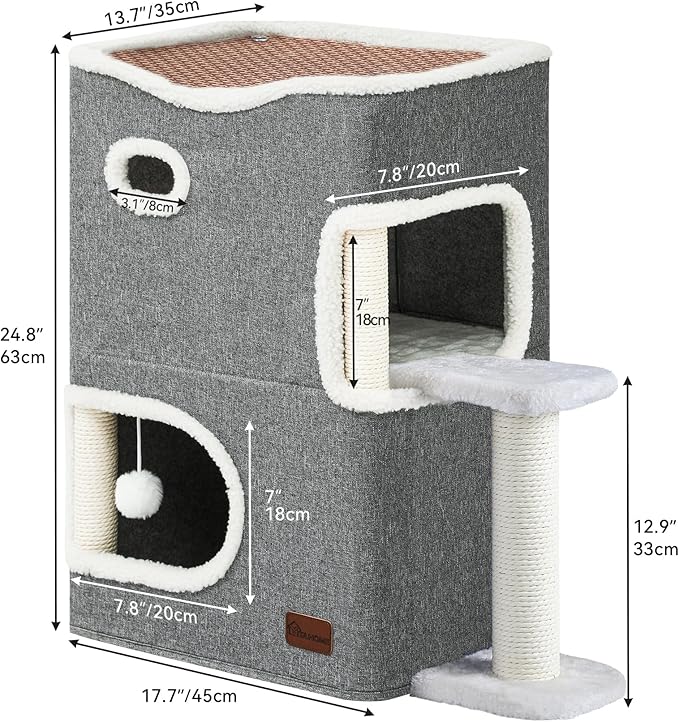 YITAHOME 2-Tier Cat House, Indoor Cat Cave Bed Playhouse, Covered Cat Beds & Furniture with Scratch Pad and Hideaway Cave, Cute Modern Cat Condo Furniture for Multi Small Cats, Grey