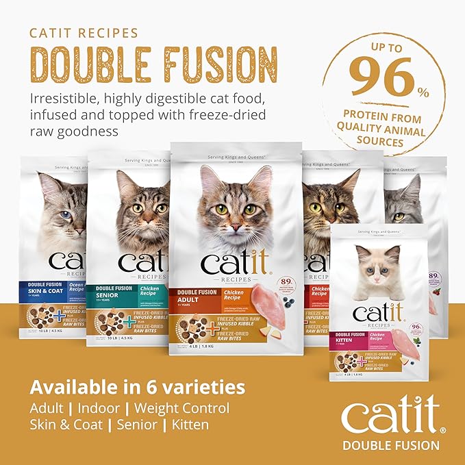 Catit Recipes Double Fusion Indoor Cat Food – Chicken Recipe, High-Protein, Freeze-Dried Raw Toppings, No by-Products, Minimally Processed, Balanced Nutrition for Indoor Cats, 4 lb