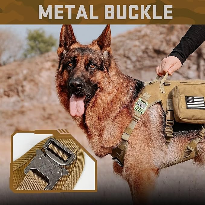 Forestpaw Tactical Dog Harness for Large Dogs,Tactical Dog Collar with Bungee Leash Set,No Pull Military Dog Harness for Walking Training,Adjustable for Medium Large Dogs,Khaki,Chest 19.5-41.5"