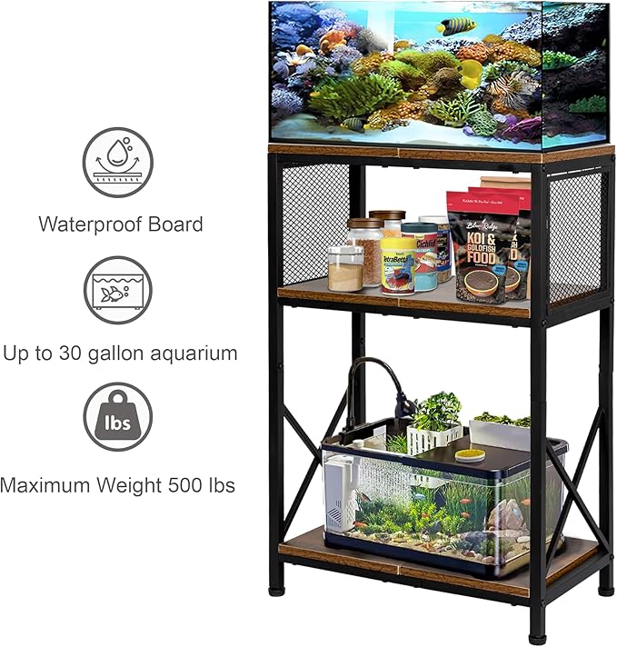10 Gallon Fish Tank Stand, Aquarium Stand with 3-Tier Storage Shelves, Rustic Brown Metal Frame Turtle Tank,Adjustable Height Design (10 Gallon)