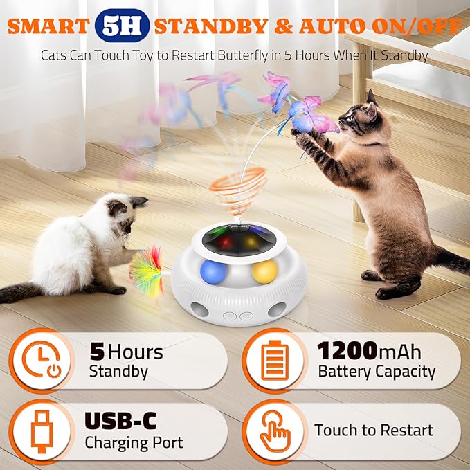 Pawtners Interactive Cat Toy: 4 in 1 Automatic Interactive Kitten Toys for Indoor Cats Rechargeable with Fluttering Butterfly, Track Balls and Ambush Feather