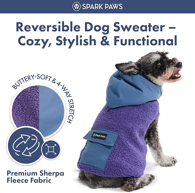Spark Paws Reversible Dog Sweater, Sherpa Jacket Vest with Warm Fleece Lining, Warm Coat for Winter, Suitable for Small Medium, Large, XL XXL Dogs - Purple and Navy Blue - XL
