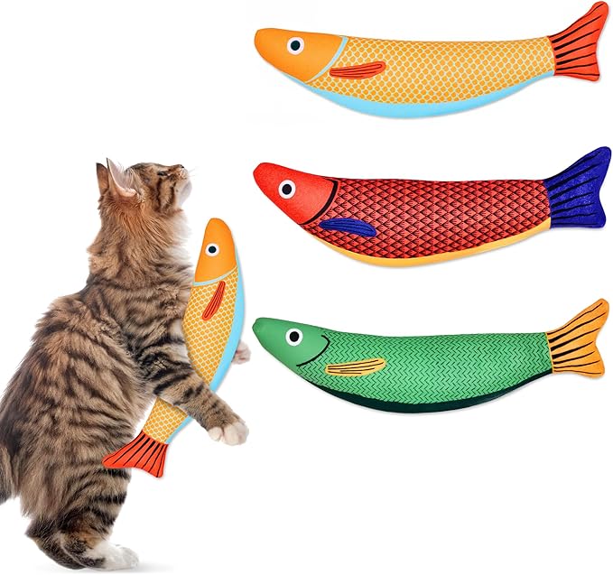 Cat Toys, 3-Pack Catnip Toys for Cats, Soft and Durable with Rattle Sound, Interactive Kitten Toys for Indoor Cats, 9.4 Inches, Saury Fish Cat Chew Toy for All Breeds (Saury Fish)