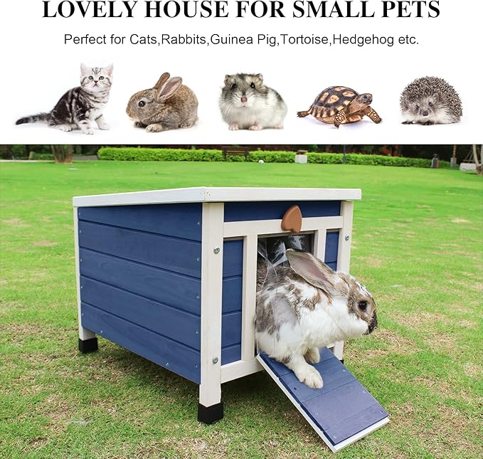 Deblue Weatherproof Cat House for Outdoor Cats, Wooden Small Pet House Outside, Feral Cat Shelter with Elevated Floor and Lockable Door - Blue