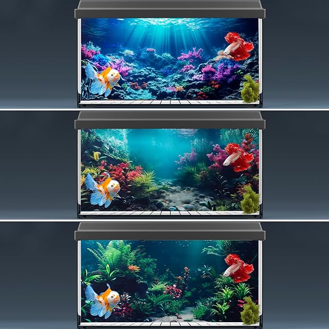 COMSUN 3 Pack Aquarium Background, 48x18 inches Polyester Aquarium Background, Cloth Fish Tank Background, Undersea Corals Sunshines & Rock Aquatic Plants