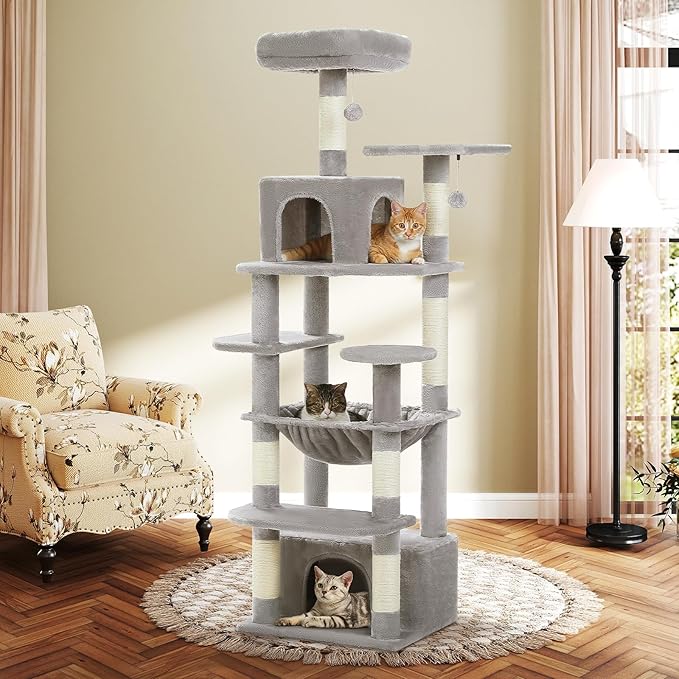 64.5-inch Plush Cat Tree for Indoor Cats with Large Metal Frame Hammock - Multi-Level Cat Tower with 2 Top Perches, 2 Condos, 7 Scratching Posts & Pompoms, Sturdy Pet House Toys, Grey