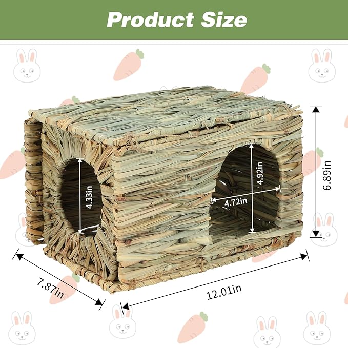 BWOGUE Bunny Grass House Natural Seagrass Bed Hideaway Toy Rabbit Hideout Hay Mat Chew Toys Guinea Pig Comfortable Hut for Bunny Hamster Chinchilla Small Animals