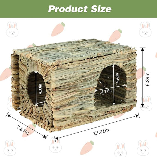 BWOGUE Bunny Grass House Natural Seagrass Bed Hideaway Toy Rabbit Hideout Hay Mat Chew Toys Guinea Pig Comfortable Hut for Bunny Hamster Chinchilla Small Animals