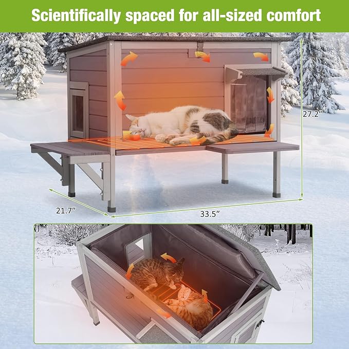 GUTINNEEN Heated Cat House with Heating Pad & 100% Insulated Liner, Weatherproof Outdoor Kitty Shelter for Winter, Warm Shelter for Outdoor Cats and Feral Cats