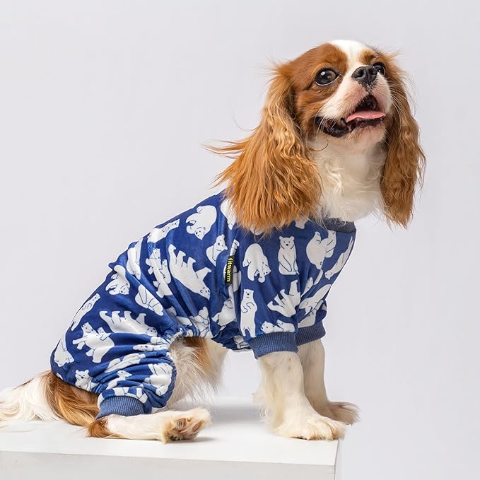 Fitwarm Polar Bear Dog Pajamas, Dog Clothes for Small Dogs Girl Boy, Pet Onesie with Feet, Cat Outfit, Lightweight Velvet, Royal Blue, White, XS