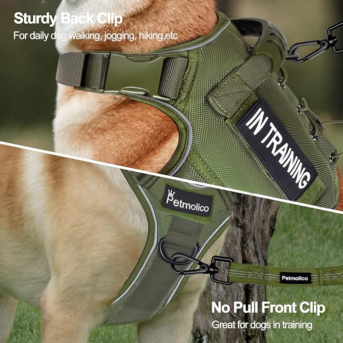 Petmolico Tactical Dog Harness with Leash, No Pull Dog Harness with Hook and Loop Panels for Hiking Training Military Service Dog Harness with Patches for Small Dogs, Army Green S